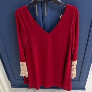 Umgee Wine Red V-Neck Tunic with Cream Crochet Cuffs